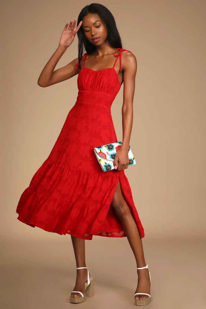 Red dress and white heels outfit