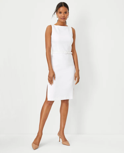 Summer business casual outfit: White linen sleeveless dress and nude pointed toe pumps