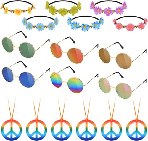 Hippie party accessories -- floral headbands, round sunglasses, peace sign necklaces