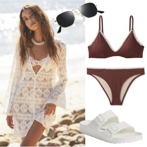 Beach Summer Vacation Outfit with a crochet dress cover-up, bikini, sunglasses and sandals