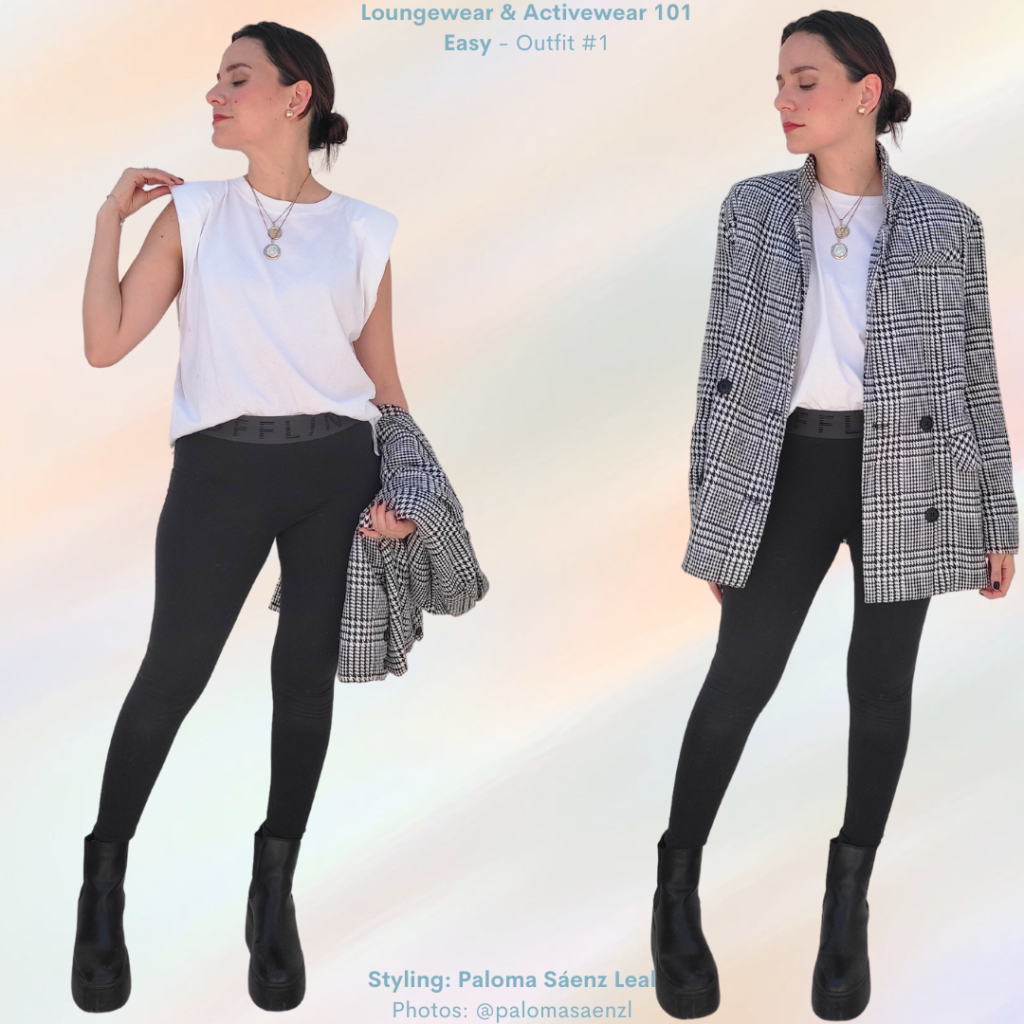 Loungewear and Activewear 101 Outfit #1 White tank top, black leggings, black platform boots, houndstooth blazer