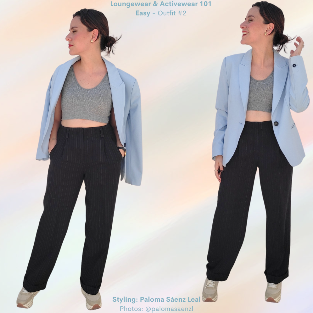 Loungewear and Activewear 101 Outfit #2 Grey sports bra, black trousers, light blue blazer, platform sneakers