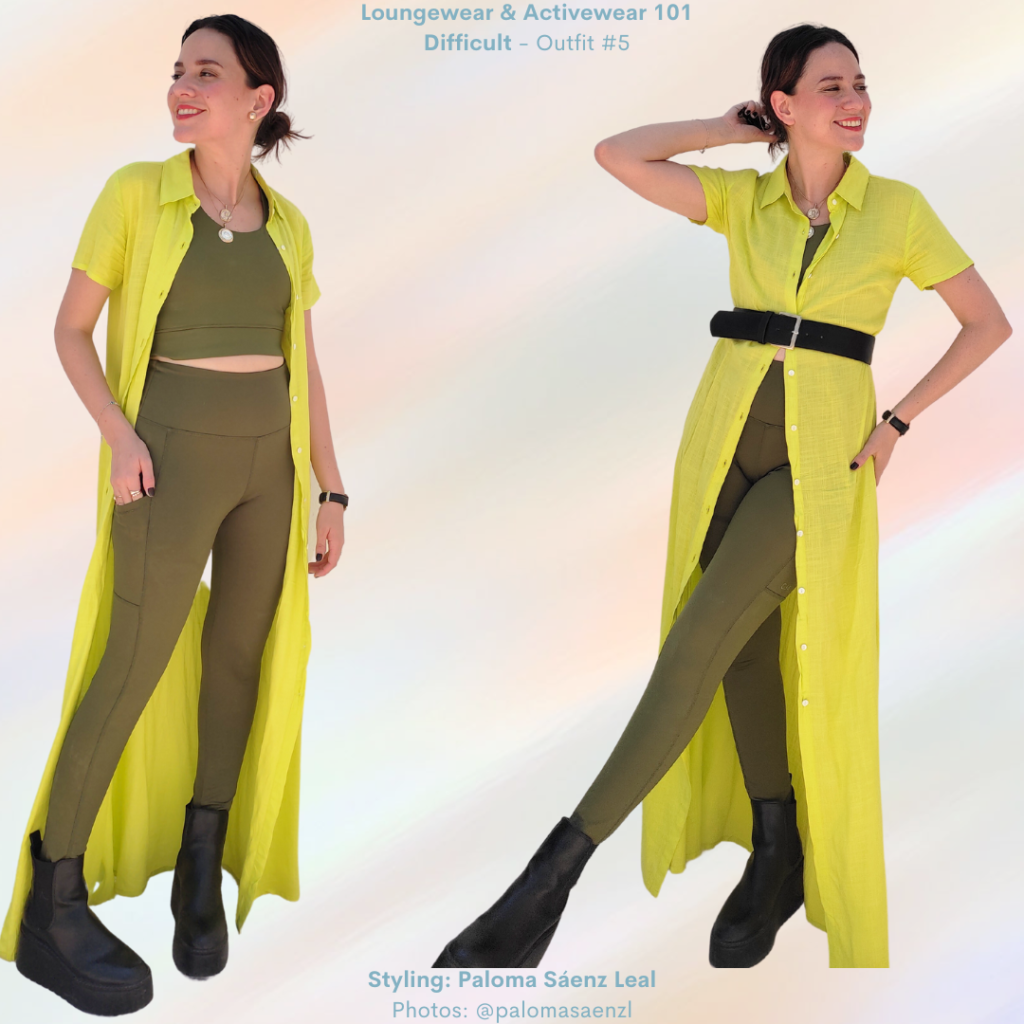 Loungewear and Activewear 101 Outfit #5 Olive green athletic coord, black platform boots, yellow shirt dress, black belt