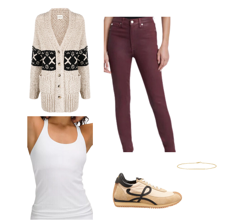 Khaite cardigan, coated maroon jeans, lululemon white tank top, loewe sneakers, gold bar dainty bracelet