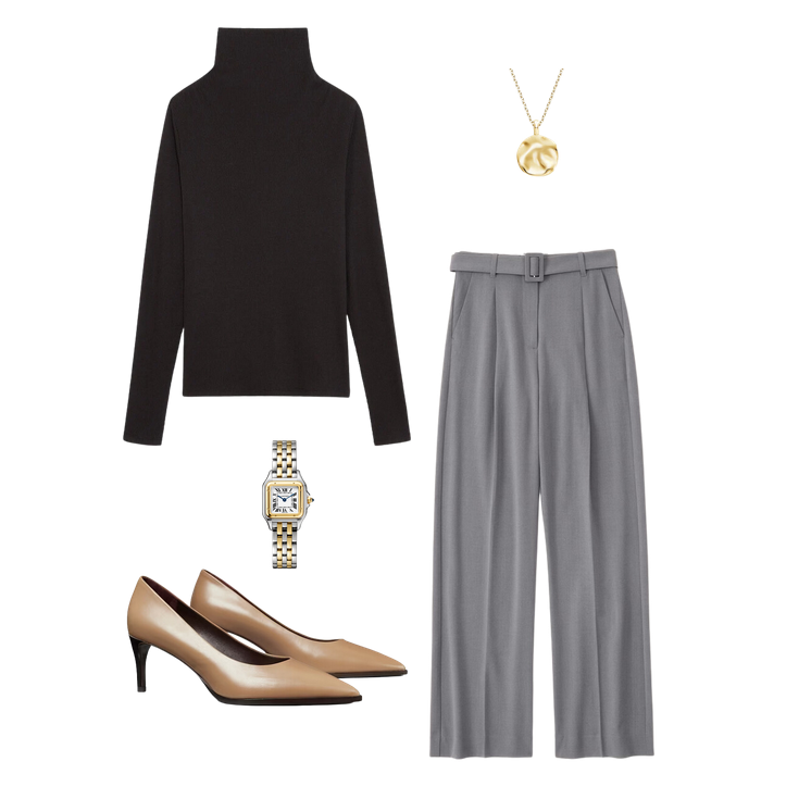 black turtleneck, gold necklace, gray trousers, nude tory burch heels, cartier two tone panthere