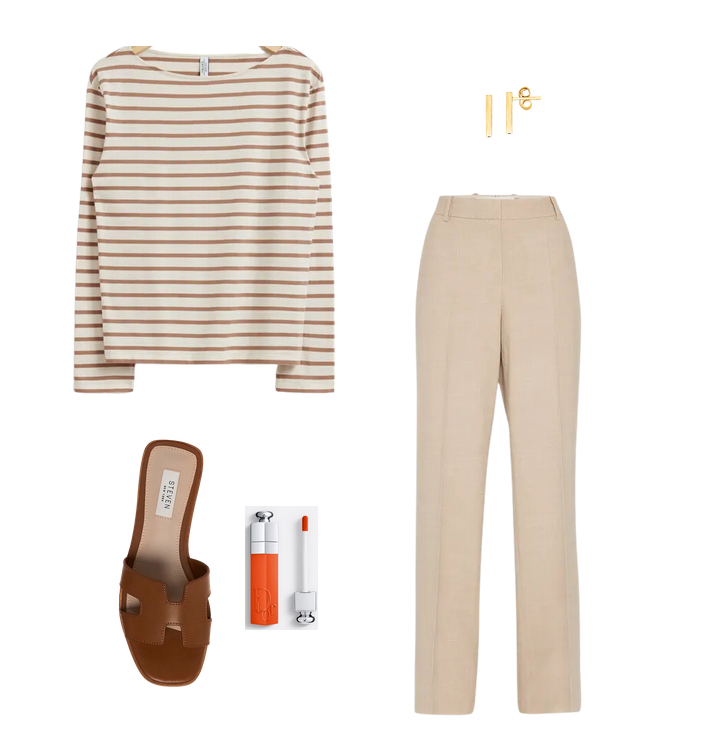 & other stories brown and beige striped shirt, beige trousers lafaeyette 148, dior orange lip tint, steve madden brown hermes sandals dupes