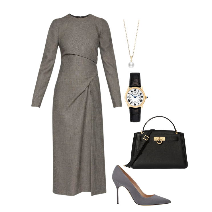 gray dries van noten dress, mikimoto gold and pearl necklace, gold and black handbag, suede gray heels, black lather and gold round cartier watch
