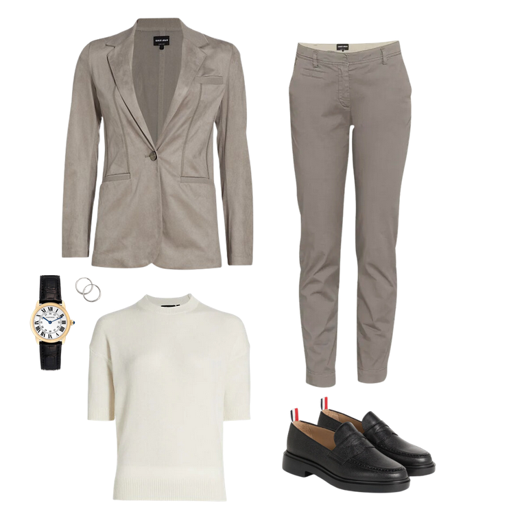 gray armani suit with suede blazer, theory cashmere cream high neck t shirt, thom brown loafers, small white gold hoop earrings, cartier round gold and black leather wathc