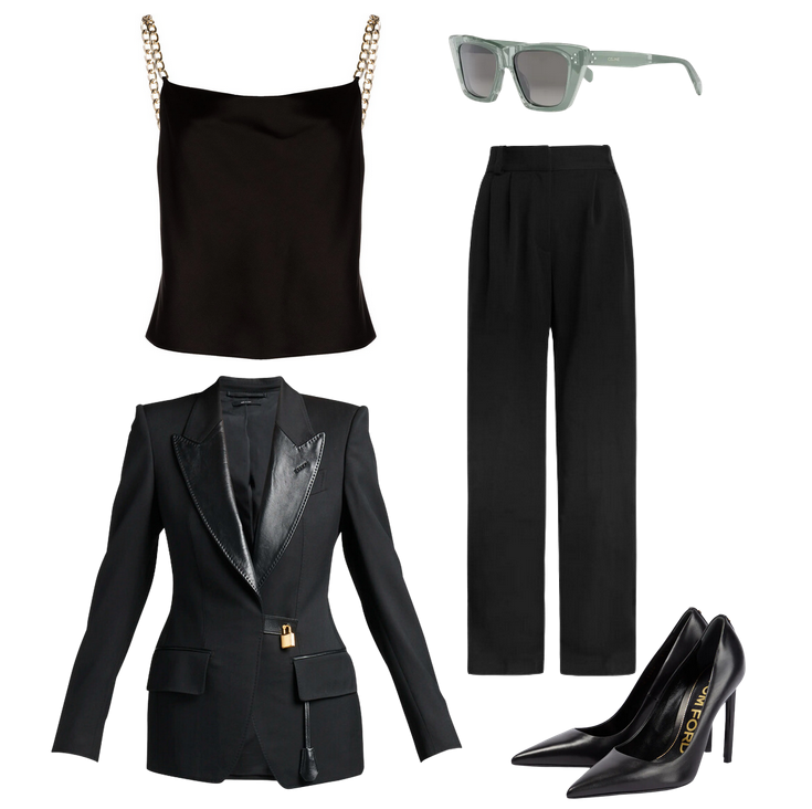 alice and olivia chain tank top, tom ford leather lock blazer, tom ford nail leather heels, favorite daughter black trousers, green celine sunglasses