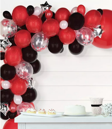 Red and black balloon arch for movie themed birthday party