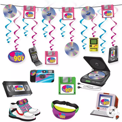 90s party decor: Hanging banner with cell phones, cds, and game boys