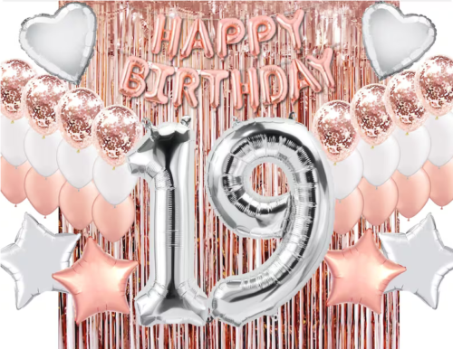 Complete 19th birthday party decoration kit in silver and rose gold