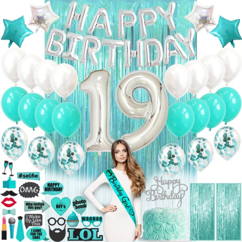 19th birthday party decoration kit in teal and silver
