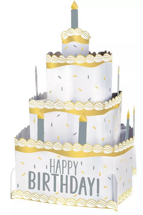 Happy birthday gray and gold cake shaped table centerpiece