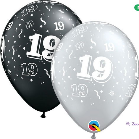 19th birthday balloons in silver and black