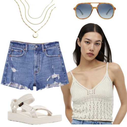 Summer vacation outfit with denim jean shorts and a crochet crop top