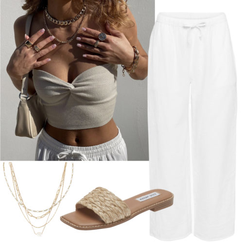 Summer vacation outfit with white loose pants, sandals, and a tube top