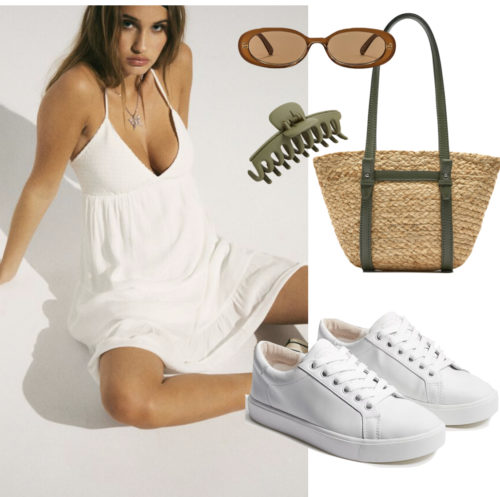 Summer Vacation Outfit with a white mini dress and low top sneakers