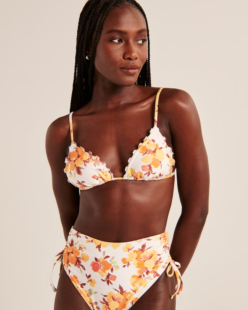 Best bikinis for small busts: Abercrombie ruffled bikini top in orange and white floral