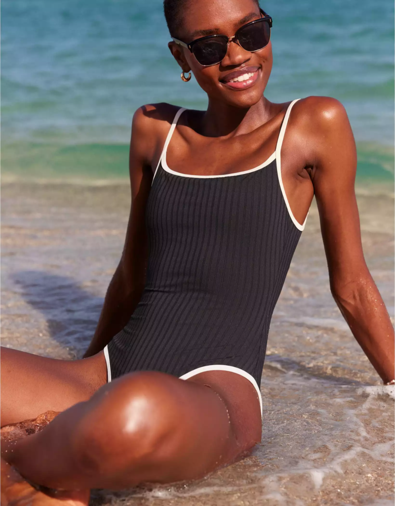 Best one-piece bathing suits for tall women: Black and white one-piece in long length from Aerie