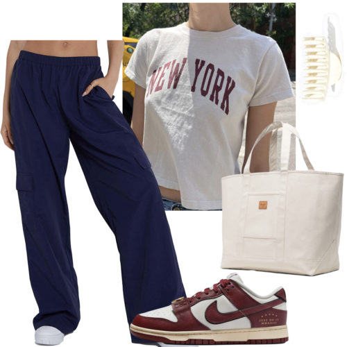 Casual college outfit with baggy pants, a graphic print t-shirt, and sneakers