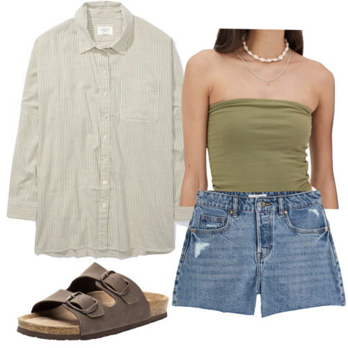 Casual College Outfit with denim shorts, footbed sandals, and a button-down shirt