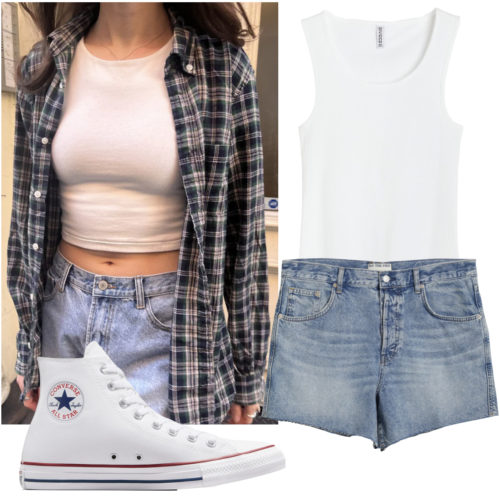 Casual College Outfit with a plaid shirt, jean shorts, tank top, and sneakers