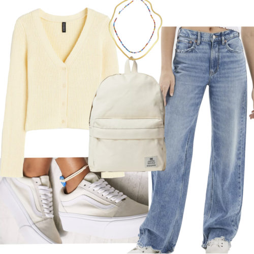 Casual College Outfit with jeans, a cardigan sweater, and sneakers