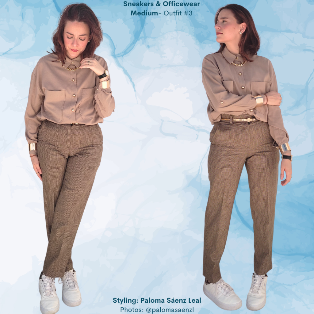 Sneakers & Officewear - Beige shirt, brown patterned pants, white sneakers, gold jewelry