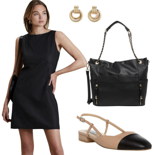 Classic Intern Outfit with a black shift dress and flats