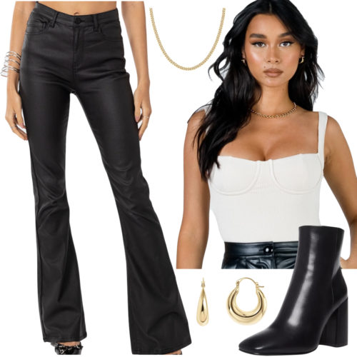 College Party Outfit with faux leather pants and a bodysuit