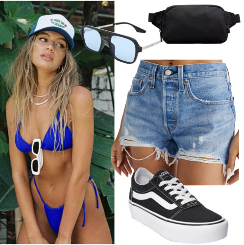 College Pool Party Outfit with a bikini and denim shorts