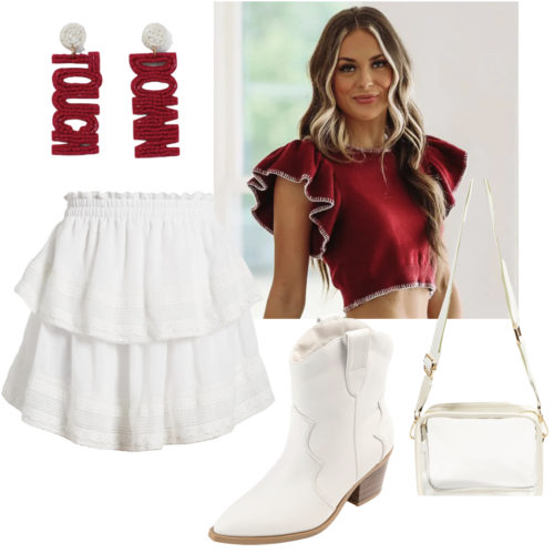 College Tailgate Party Outfit with a ruffled mini skirt and cowboy boots