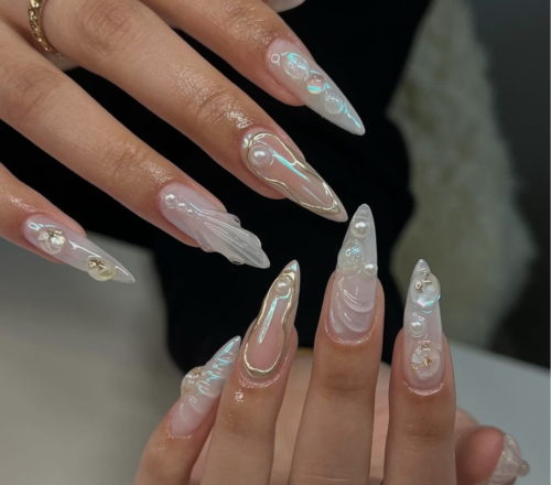 3D gel and white pearl nails from Etsy