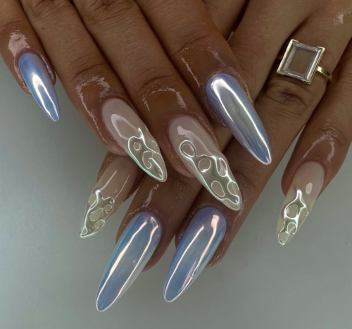 White and blue chrome pearl nails from Etsy