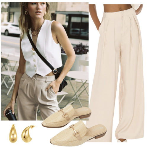 Summer intern outfit with beige trouser pants and a white vest top