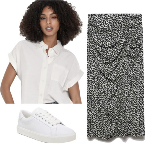 Summer internship outfit with a skirt and white sneakers