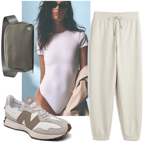 Athleisure Bodysuit outfit with sweatpants and sneakers