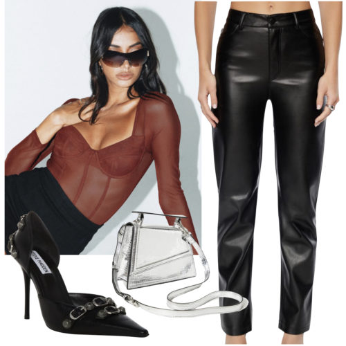 Bodysuit Outfit for going out with faux leather pants