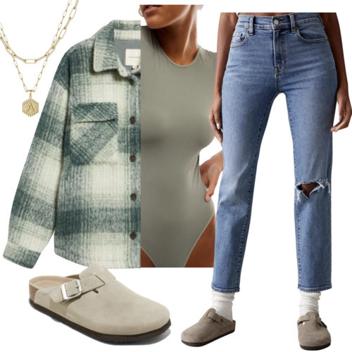 School Bodysuit Outfit with jeans, a shacket and clogs