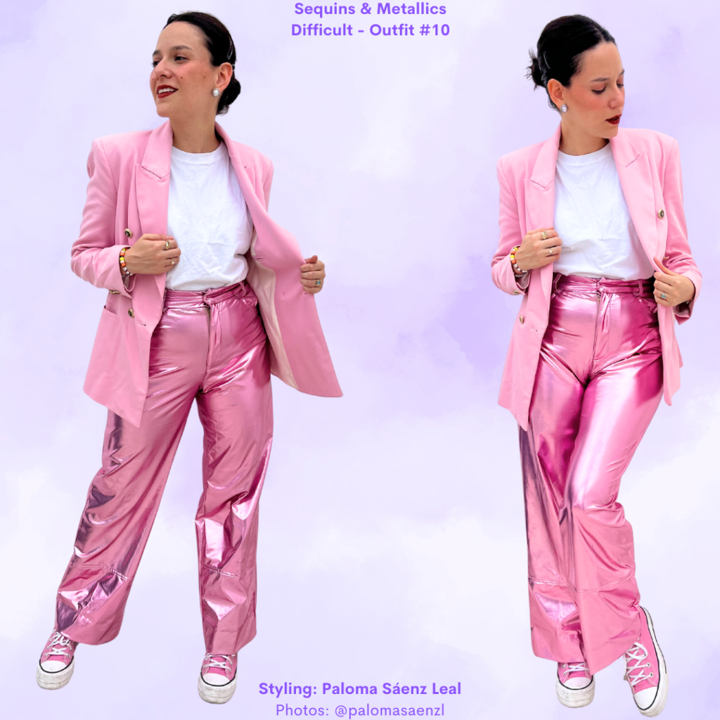 Metallics & Sequins Outfit 10 White tank top, pink blazer, pink metallic pants, pink converse