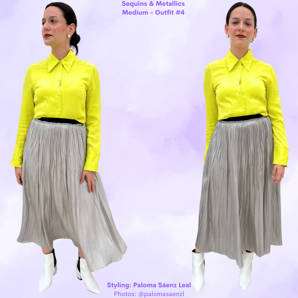 Metallics & Sequins Outfit 4 Neon yellow satin shirt, silver pleated skirt, white booties