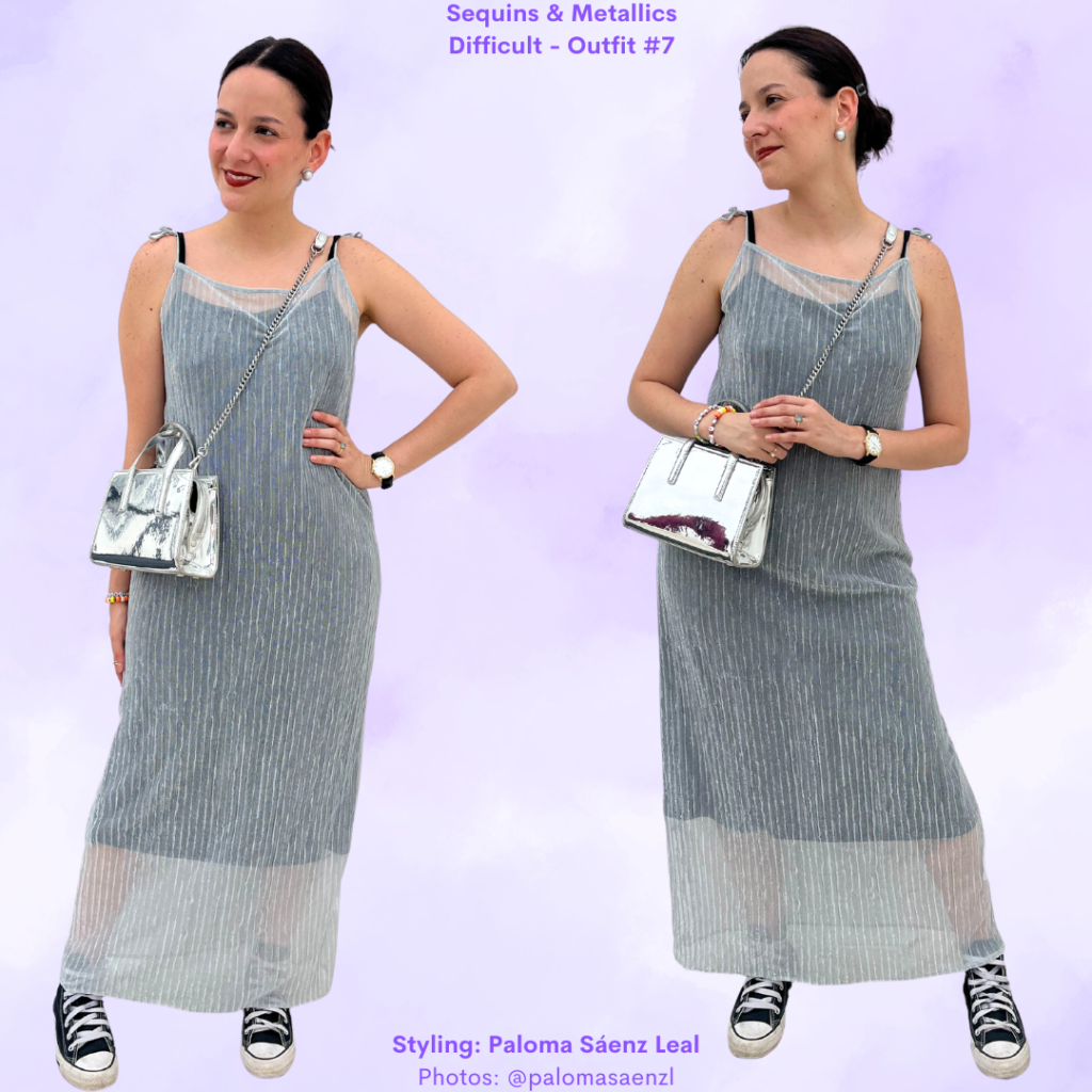 Metallics & Sequins Outfit 7 black slip dress, silver mesh slip dress, silver purse, black converse, silver earrings