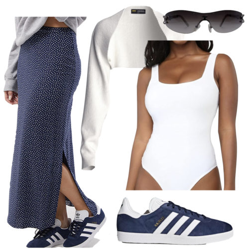 Spring bodysuit outfit with a midi skirt, sneakers, and shrug