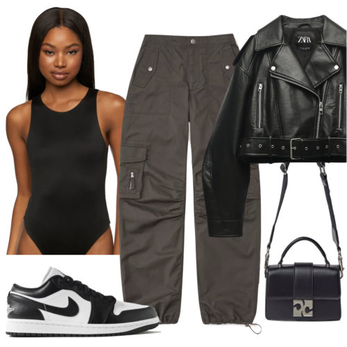 Street style bodysuit outfit with cargo pants, sneakers, and a Moto jacket