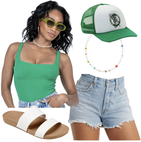 Summer bodysuit outfit with denim shorts, sandals, and a trucker hat
