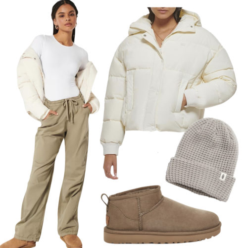 Winter Bodysuit Outfit with a puffer jacket and beanie hat