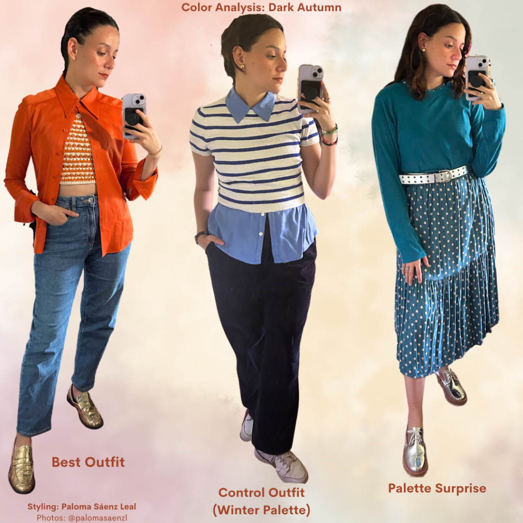 Color Analysis Dark Autumn Outfits Week 1 Best Outfit, Control Outfit, Palette Surprise