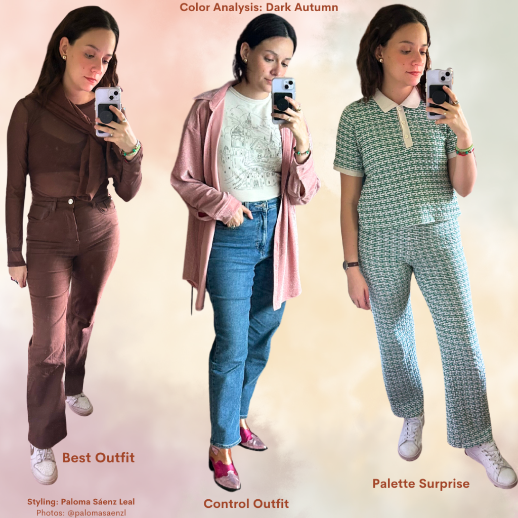 Color Analysis Dark Autumn Outfits Week 2 Best Outfit, Control Outfit, Palette Surprise
