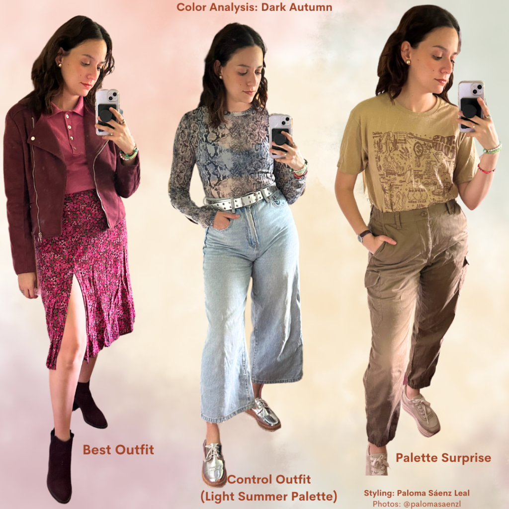 Color Analysis Dark Autumn Outfits Week 3 Best Outfit, Control Outfit, Palette Surprise